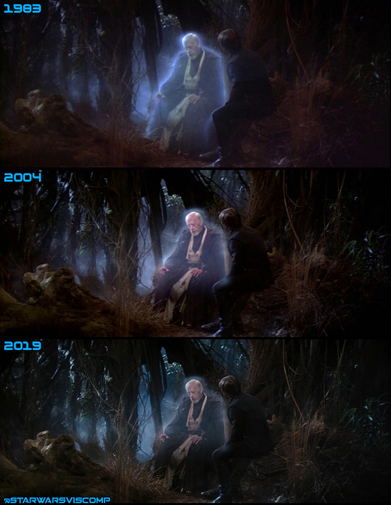 Obi-Wan’s ghostly blue was redone in 2004 and is the same in 2004. It no longer covers his whole body into the weeds in front of him and stops at his knees.