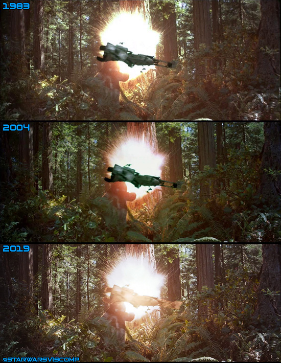 The speeder bike being roped into a tree was brightened in the 4K. Note that the new bright matte makes a glow between the front spokes. (Thanks to Adywan for pointing this one out)