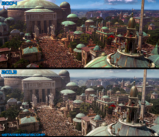 Naboo was added to the ending celebrations in 2004, and the same shot was added to the 4K. Note that this is a mirrored shot of the Trade Federation invading in The Phantom Menace.