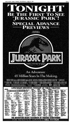 Newspaper ad for Jurassic Park
