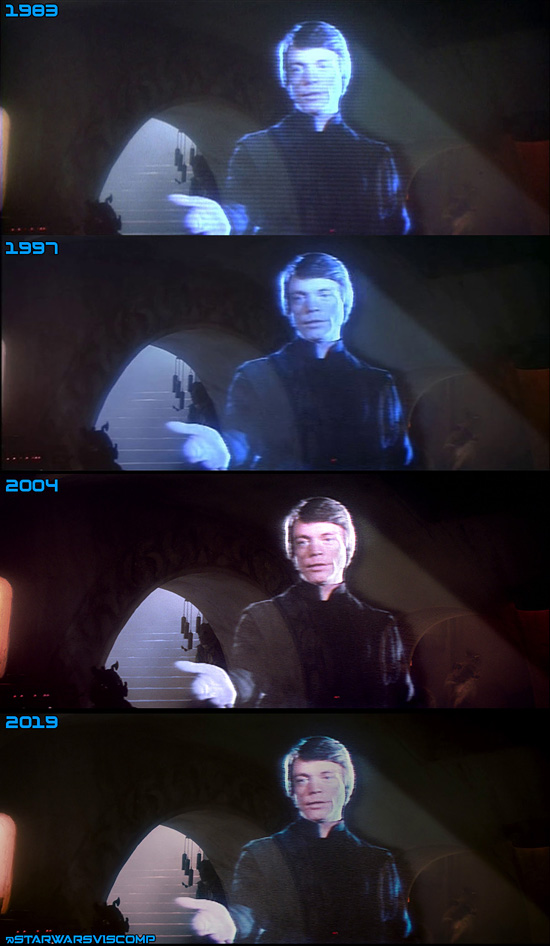 This is a comparison of the different home video versions of Luke’s hologram. It’s unknown if these are legitimate changes or results of different scans.