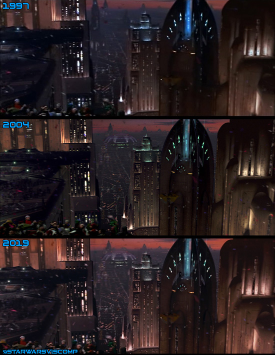 The 1997 version of Coruscant added to the ending celebrations had random buildings in the background. These buildings were replaced with the Senate building from the prequels for the DVD, which had to be redone in 4K. The matte lines on the foreground building to the left are different and a ghost of the left part of the original background building can be seen.