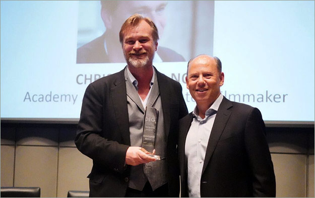 Director Christopher Nolan (left) and WBHE President Ron Sanders (right)