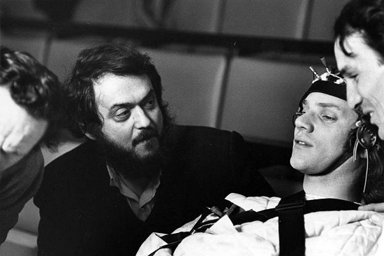 Stanley Kubrick, Malcolm McDowell, and the cast on the set of A Clockwork Orange