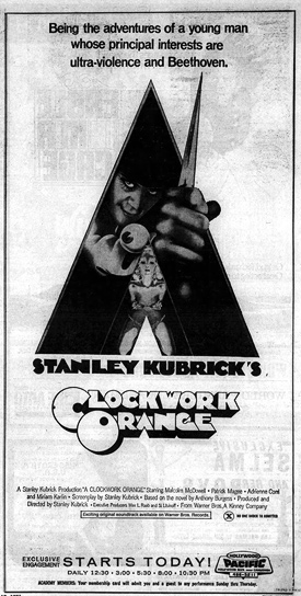 A newspaper ad for A Clockwork Orange